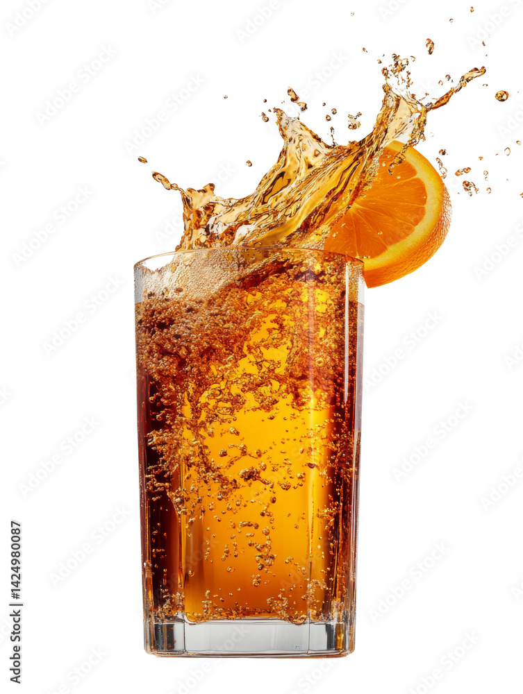 Poster effervescent delight: a refreshing citrus beverage splash on a dark background