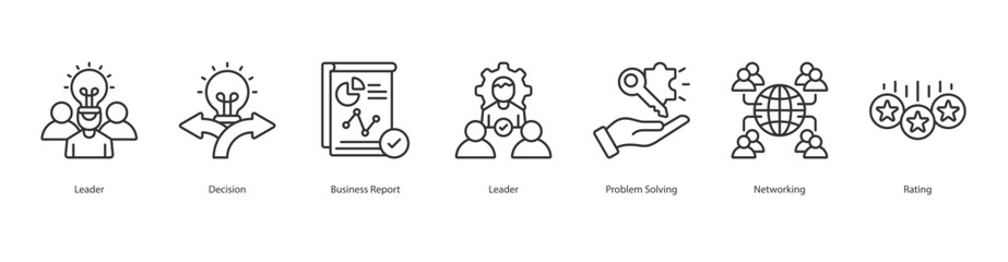 Leadership icon sheet vector illustration leader, decision, business report, leader, problem solving, networking, rating