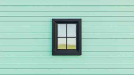 Fototapeta premium A simple black-framed window is centered on a mint green wooden wall, reflecting a peaceful outdoor scene.
