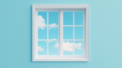 Obraz premium A serene window view showcasing a bright blue sky and fluffy clouds, framed by a clean white border against a soft blue wall.