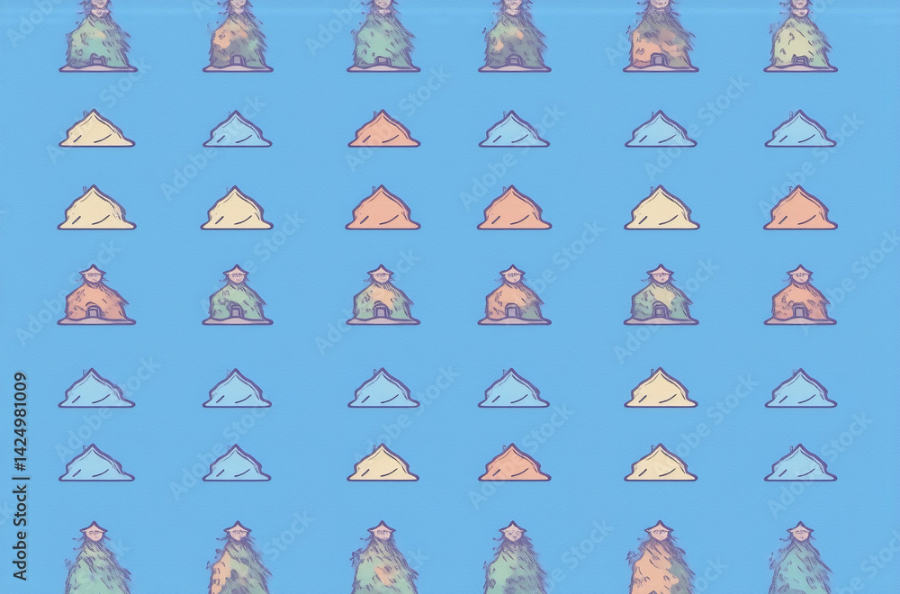 Aufkleber repeating pixel art pattern of small houses and clouds on a light blue background. a stylized, avata
