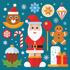Flat Design Christmas Icons Santa Gingerbread Ornaments