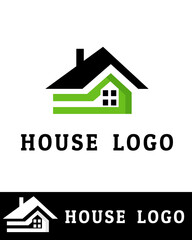 A modern house logo design with a green and black color scheme featuring a stylized roof and window, perfect for real estate businesses, construction companies, home services, or architecture branding