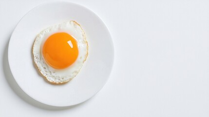 A beautifully cooked fried egg with a bright yellow yolk on a plain white plate, showcasing simplicity and freshness.