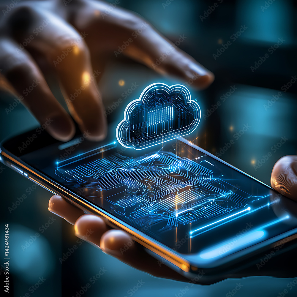 Poster exploring cloud technology solutions digital workspace infographic modern environment close-up view 