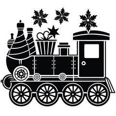 Christmas Toy Train with Gifts and Snowflakes Silhouette