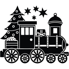 Christmas Train with Tree and Presents Black Silhouette