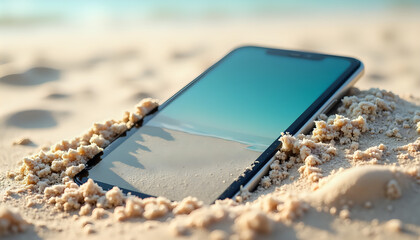 A cell phone laying in the sand on a beach.