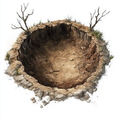 A circular hole in the ground.  Surrounding debris and sparse vegetation
