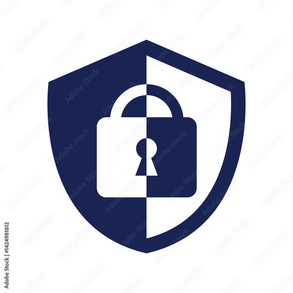 Poster a simple flat logo design of a shield with a lock icon on the center on a white background