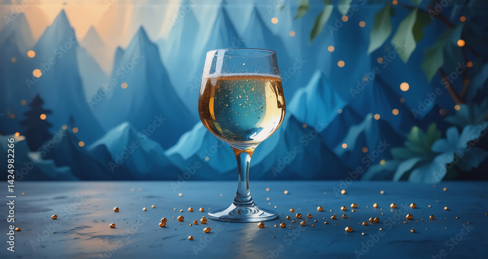 Poster a golden drink sparkles in a clear glass, set on a table with scattered golden spheres. the backdrop