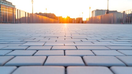 Cobblestone Path at Sunset, Warm Light Illuminating Cityscape