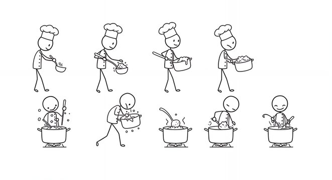 Stick Figure Chef Skimming Foam From Liquids Black and White Culinary Illustration Process