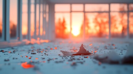 Burnt Room Interior at Sunset: Damage and Debris