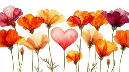 Obraz premium Watercolor Poppies and Heart: Romantic Floral Art