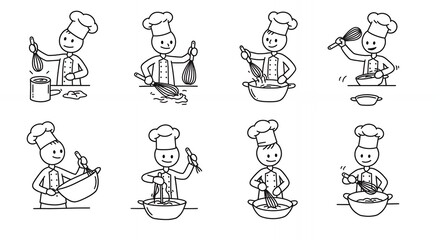 Stick Figure Chefs Engaging in Cooking Processes in Black and White Illustration