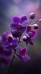 Naklejka premium Deep Purple Orchid Blooms with Water Droplets in Soft Light