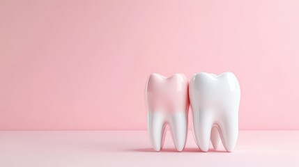 Healthy teeth, dental care, and oral hygiene.  A pair of stylized teeth, one with a light pink enamel portion, and one fully white, set against a soft pink background,
