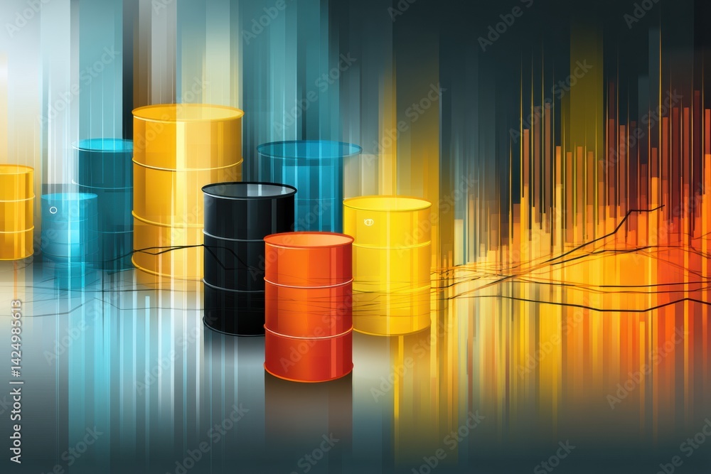 Poster abstract representation of oil barrels and market trends in a stylized background with vibrant color