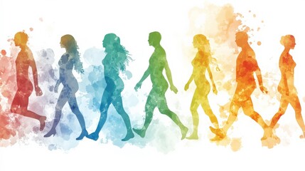 Colorful Silhouettes of Walking Figures on White Background