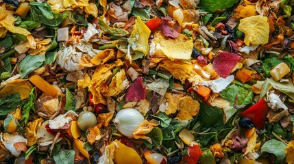 Close-up of colorful compost mixture, showing various food scraps and plant materials.