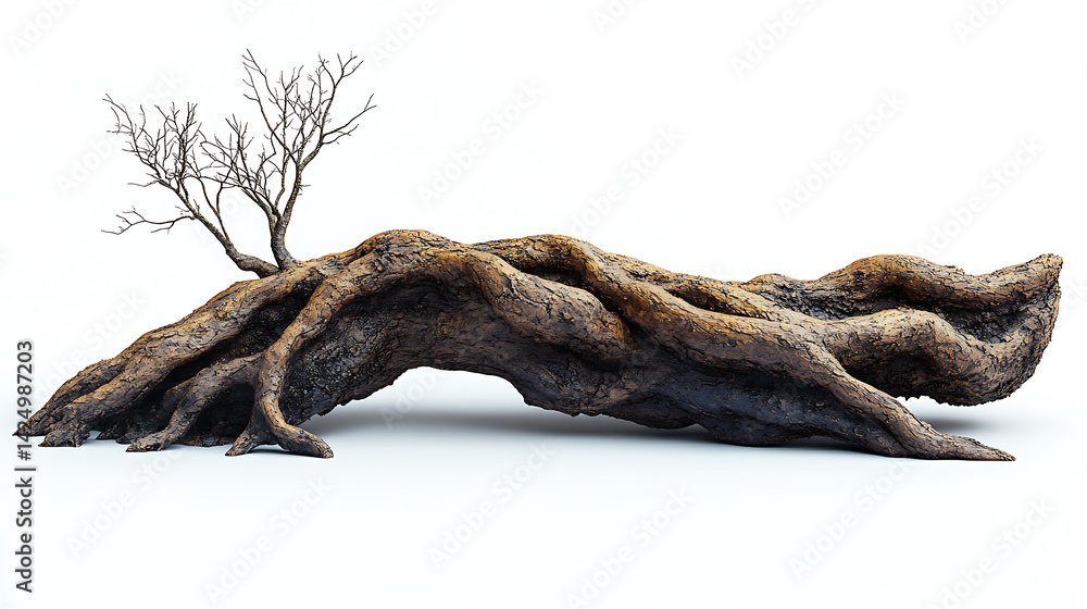 Poster decaying tree trunk with sprouting bare branches isolated on white background