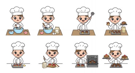 Baking Process with Kawaii Stick Figure Chef Cartoon in White Background
