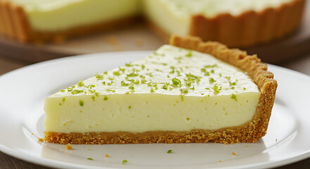 Slice of key lime pie. A creamy, tangy dessert with a graham cracker crust, topped with lime zest. Perfect for a sweet treat!