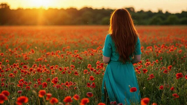 Graceful redhead woman walking in vibrant poppy field, wearing elegant long teal dress, basking in golden sunset light filtering through blooming flowers