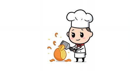 Cartoon Chef Zesting Orange Fruit with Kawaii Style on White Background