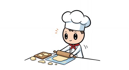 Cartoon Kawaii Chef in White Rolling Dough on White Surface Ready for Baking Illustration for Culinary Themed Designs and Cooking Blogs Artwork