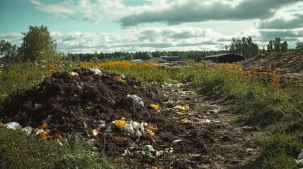 Obraz premium Manure pile with scattered trash in a field.