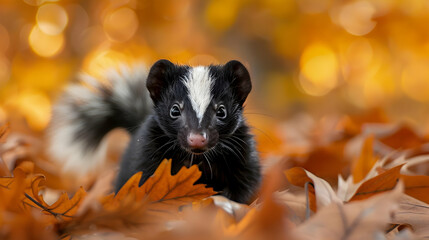 Fototapeta premium Striped Skunk Among Autumn Leaves
