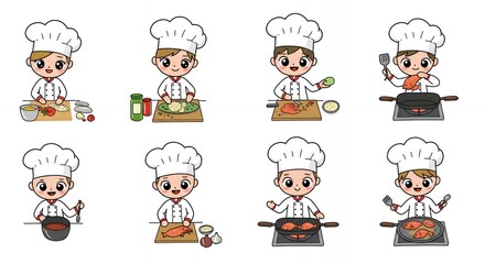 Cartoon Stick Figure Chefs Cooking En Papillote Process on White Background