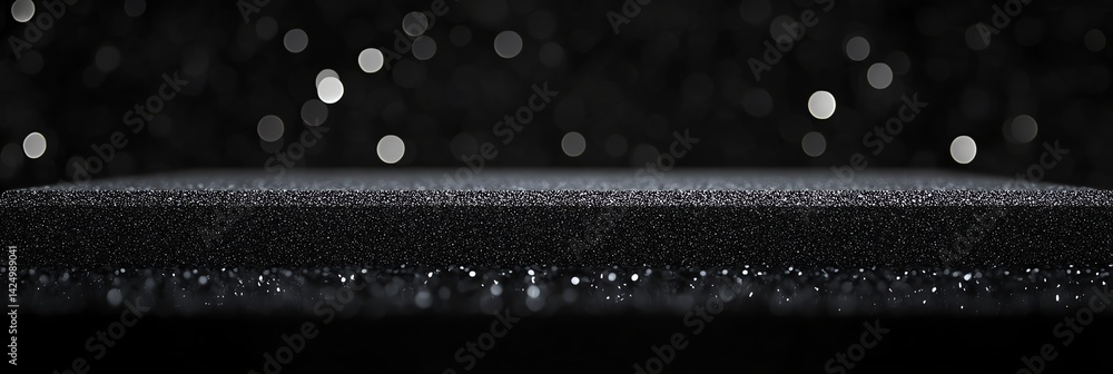 Poster showcasing black textured surface with glitter and bokeh background for product
