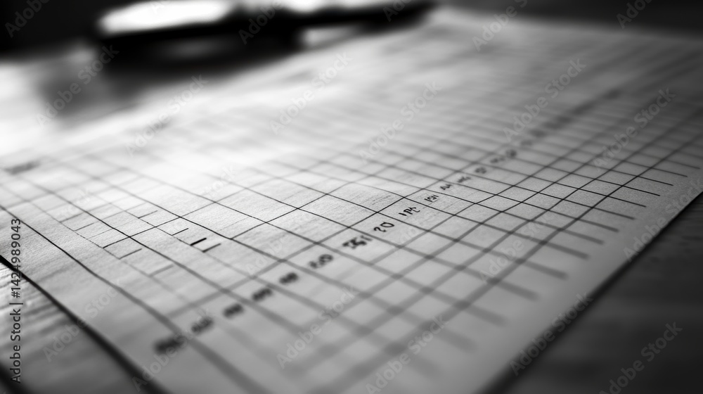 Aufkleber close-up of a gridded paper document with handwritten numbers on a table.