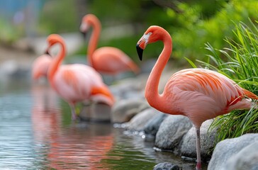 Fototapeta premium A group of flamingos standing in the water near some rocks and green plants at an animal park