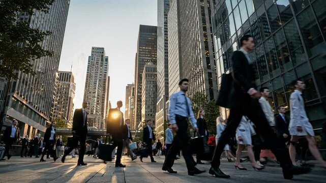 Businesspeople navigating Manhattan's financial district during sunset, walking along busy street with modern office buildings towering in background, embodying corporate energy