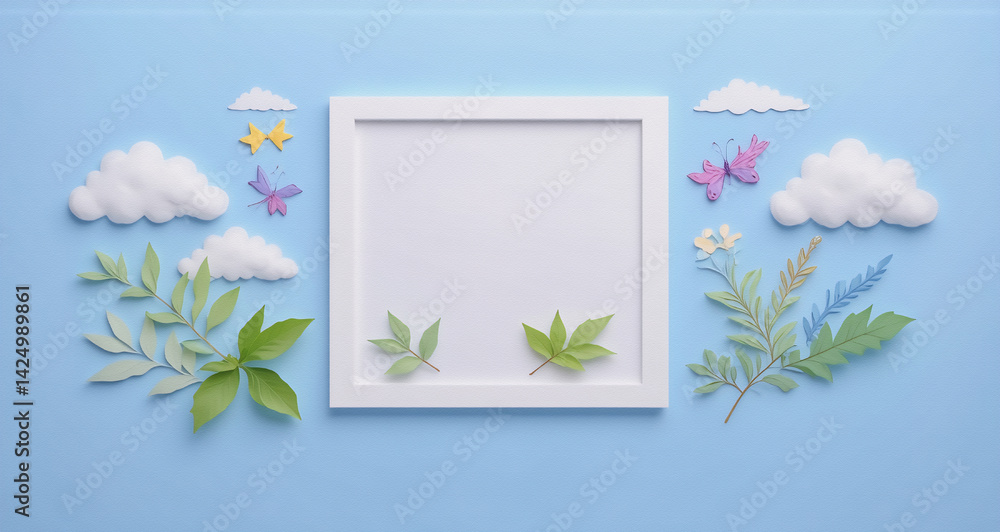 Fototapete Here's a description for the image with keywords:

A delightful spring scene with a central empty white frame surrounded by whimsical handmade elements including leaves, clouds, butterflies, and flora