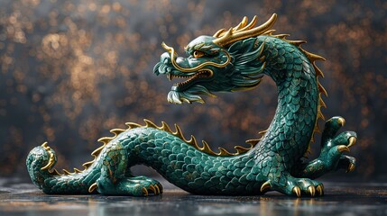 Obraz premium Detailed green dragon sculpture with golden accents on a dark background HD 8K wallpaper Photographic Image