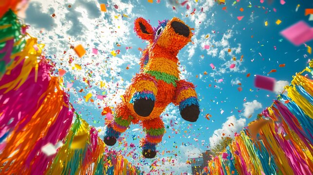 Vibrant piñata in a fiesta atmosphere, perfect for Cinco de Mayo or Day of the Dead celebrations. Ideal for party invitations or festive decor.