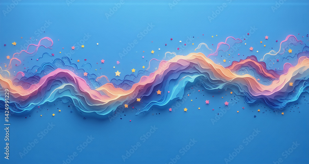 Poster a dreamy, ethereal design, with colorful, flowing lines across a vibrant blue background. hints of m