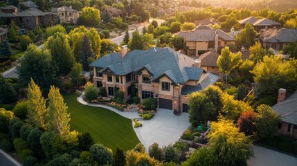 Obraz premium Aerial view of a luxurious house in a residential area during sunset.