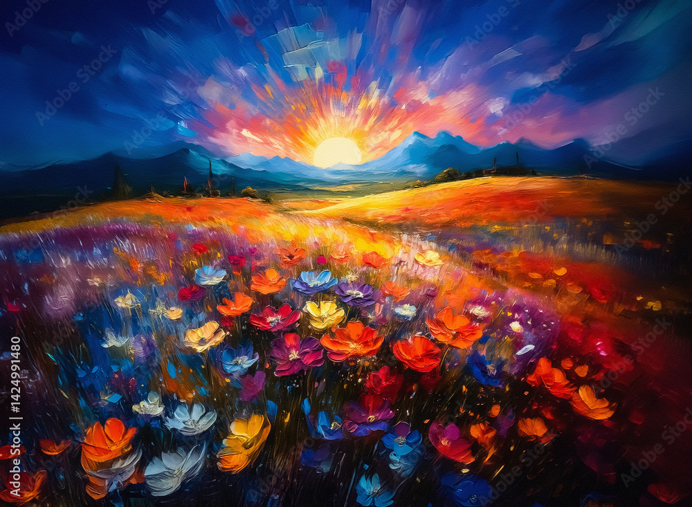 Poster a vibrant sunset bathes a colorful field of flowers, with hints of mountains under a dynamic sky. th
