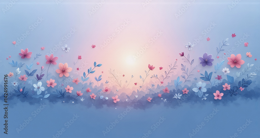 Aufkleber Image depicts a gradient sky with soft colors where flowers and butterflies are floating in the air and the light is shining. The color palette is soft and dreamy.