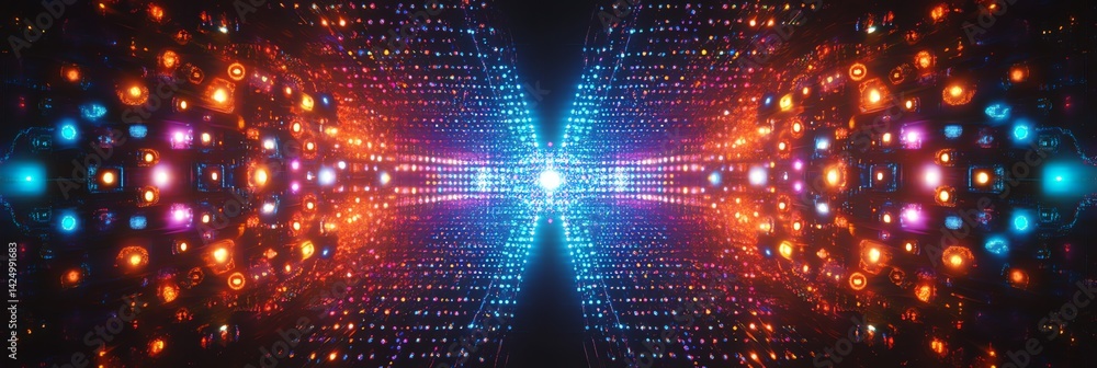 Poster abstract data tunnel with glowing light particles and technology feel