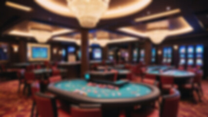 luxury casino with blur view, modern casino interior with beautiful lights and wooden gambling tables, overall blur, place for gambling, background wallpaper.