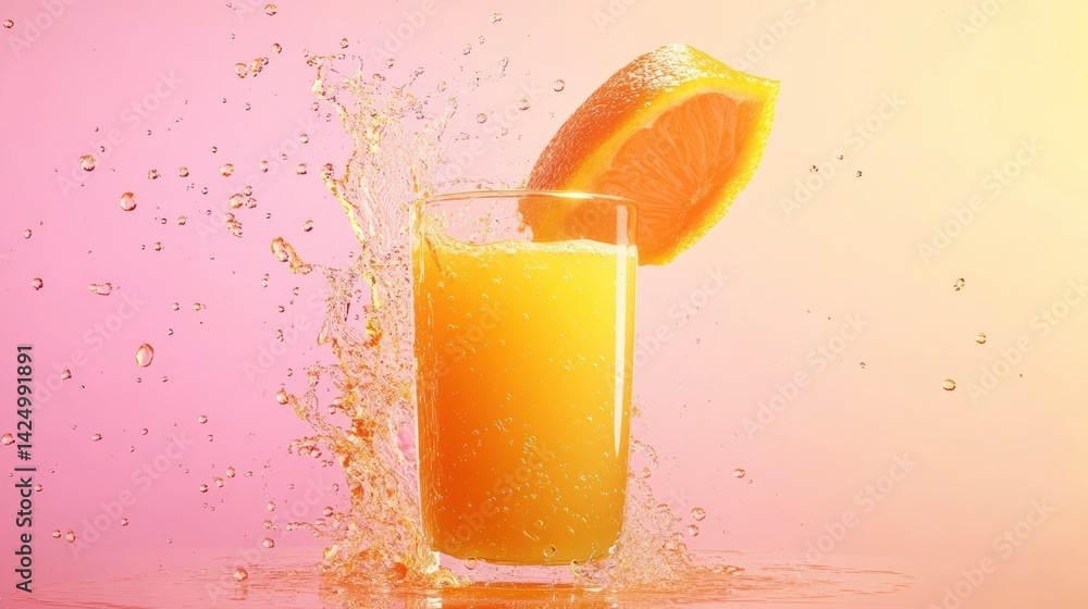 Poster fresh orange juice splashing in a glass with a slice of orange on top.
