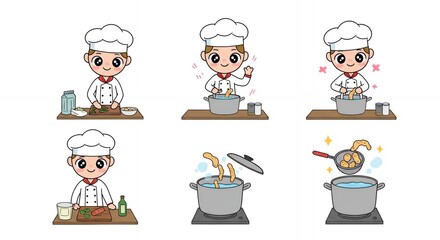 Kawaii Stick Figure Chef Demonstrating Parboiling Process Illustration in Six Stages on White Background