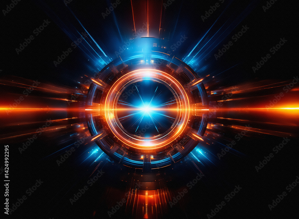 Poster an abstract, geometric design glows with orange and blue light. circular forms and radiating beams c